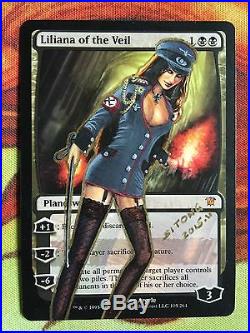 MTG ALTERED ART HAND PAINTED LILIANA OF THE VEIL SEXY ARMY UNIFORM WHIP BY SITON